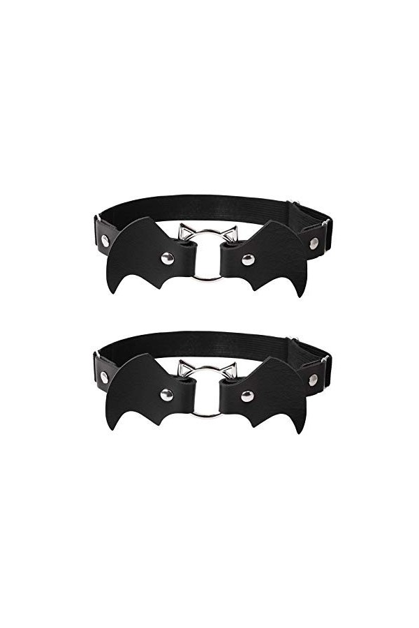 alisikee Lot de 2 jarretelles réglables en cuir chauve-souris élastique punk pour femme Noir, Noir , taille unique
