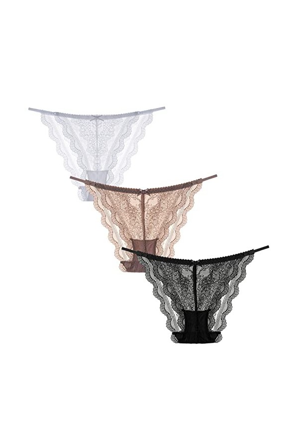 FEOYA Femme Tanga Slips Sexy String Dentelle Florales Ceinture Fine Lingerie Culottes Transparent Confortable Lot de 3 Multic