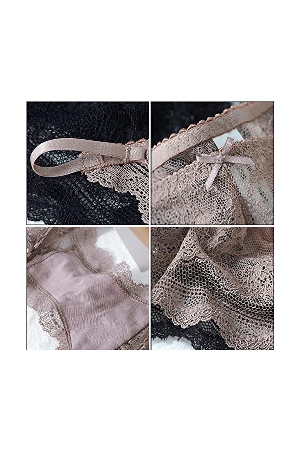 FEOYA Femme Tanga Slips Sexy String Dentelle Florales Ceinture Fine Lingerie Culottes Transparent Confortable Lot de 3 Multic
