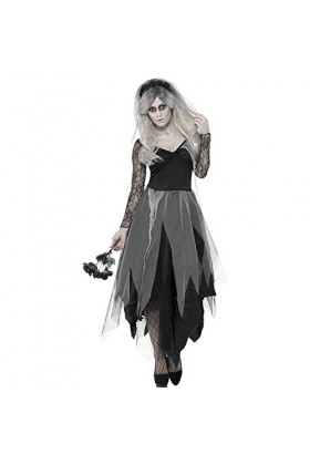 Graveyard Bride Costume, Black, with Dress & Rose Veil, M 