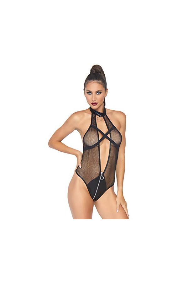 Leg Avenue Body Résille avec Lanières Croisées/Zip au Niveau de lentrejambe Noir Taille S/M
