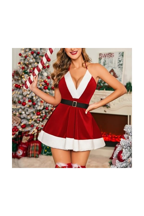 Fulidngzg Costume de Noël pour femme - Potelé XXL - Tenue sexuelle extrême - Robe de Noël - Lingerie - Rouge - Robe de nuit -