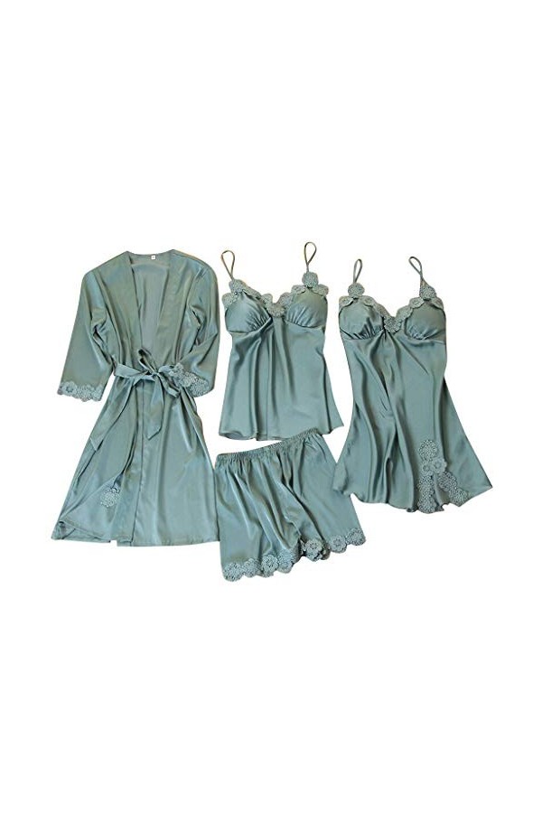 Pyjama 4 pièces en satin pour femme - Lingerie sexy - Col en V - Vêtement de nuit - Vêtement de nuit - Respirant - Nuisette, 
