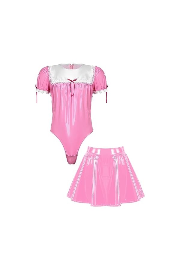 Aiihoo Homme Lingerie Sissy Déguisement Costume Soubrette Sexy Robe Cuir Verni Body Dentelle Tenue Cosplay Maid Catsuit Jeu d