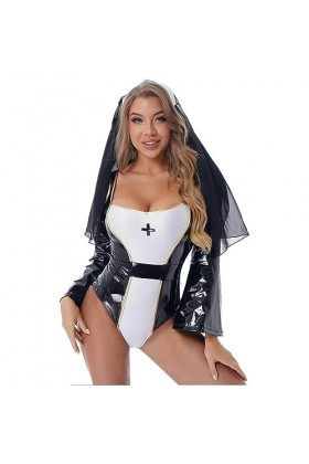 WEITING Costume de nonne sexy pour femme - Combinaison de cosplay pour sœurs religieuses dHalloween - Manches cloche - Noir 