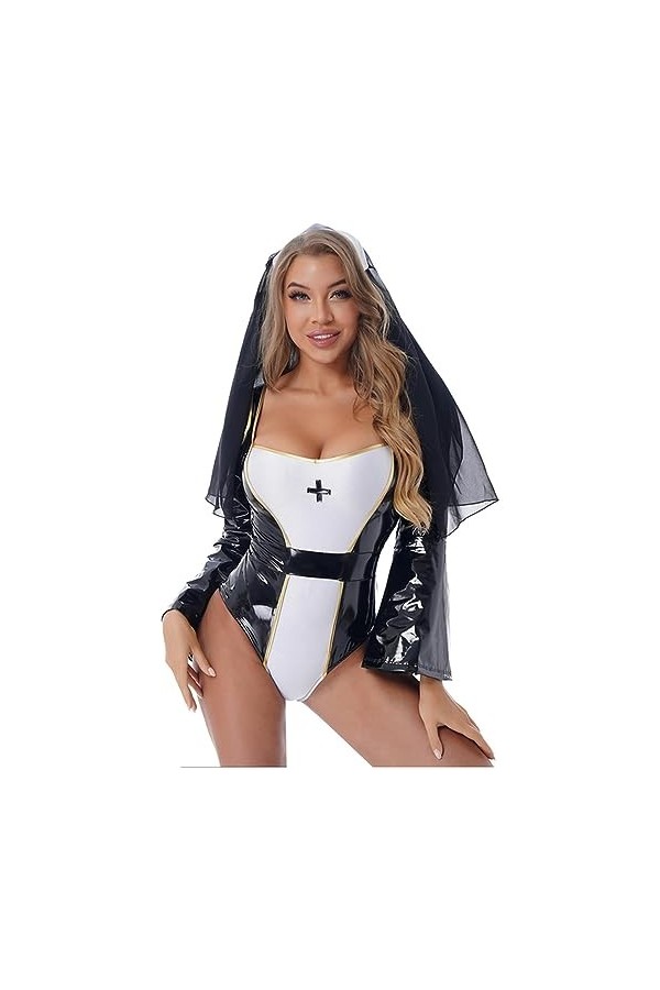 WEITING Costume de nonne sexy pour femme - Combinaison de cosplay pour sœurs religieuses dHalloween - Manches cloche - Noir 