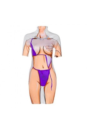 Mengsiy Robe Courte dété for Femmes, imprimée en 3D, Manches Courtes, Sexy, Slim, Robes de Hanche for Femmes Color : C, Siz