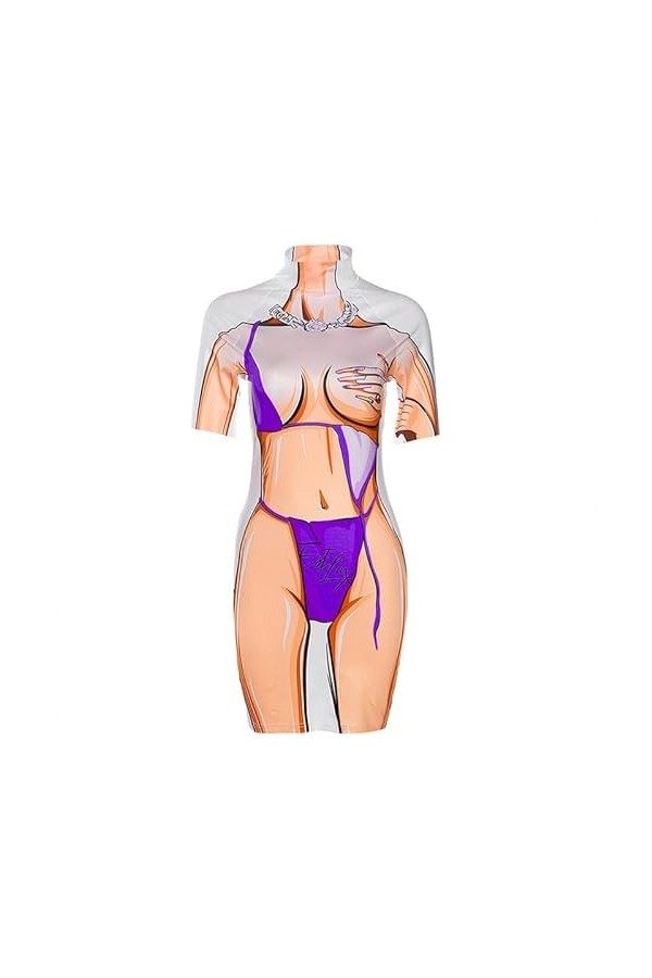 Mengsiy Robe Courte dété for Femmes, imprimée en 3D, Manches Courtes, Sexy, Slim, Robes de Hanche for Femmes Color : C, Siz