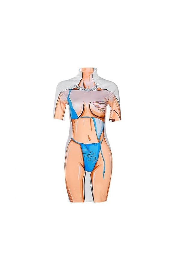 Mengsiy Robe Courte dété for Femmes, imprimée en 3D, Manches Courtes, Sexy, Slim, Robes de Hanche for Femmes Color : C, Siz