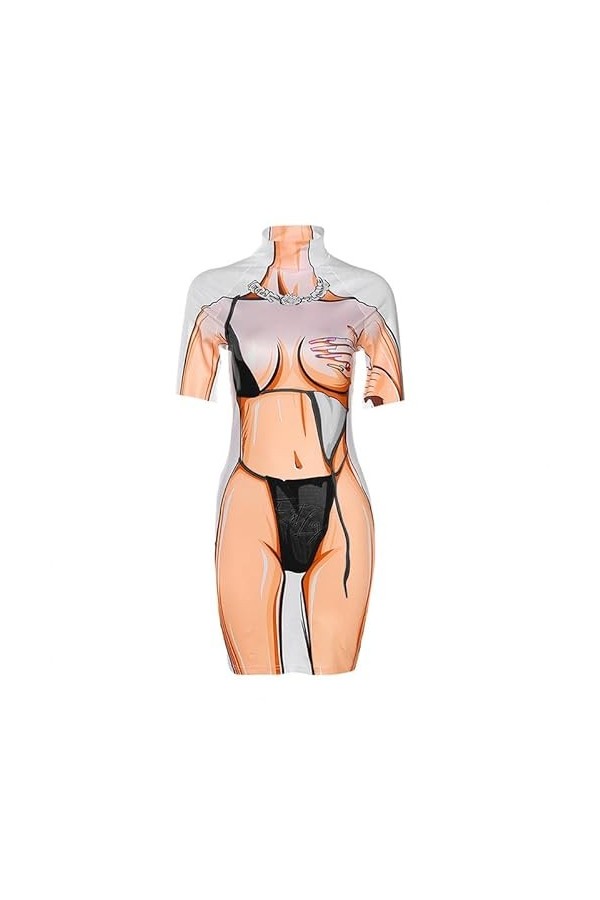 Mengsiy Robe Courte dété for Femmes, imprimée en 3D, Manches Courtes, Sexy, Slim, Robes de Hanche for Femmes Color : C, Siz