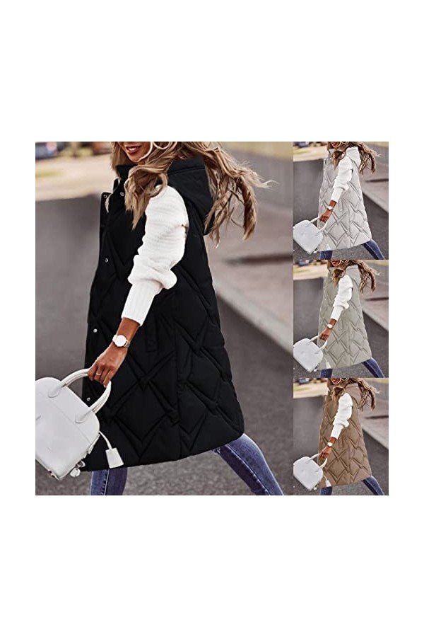 Gefomuofe Gilet matelassé pour femme - Veste matelassée sans manches - Légère et longue - Fermeture éclair - Couleur unie - C