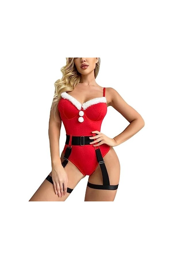 WSZJLN Tenue de fête de Noël sexy pour femme Rouge Fausse Fourrure Garniture Ceinture Ceinture Bretelles réglables avec Annea