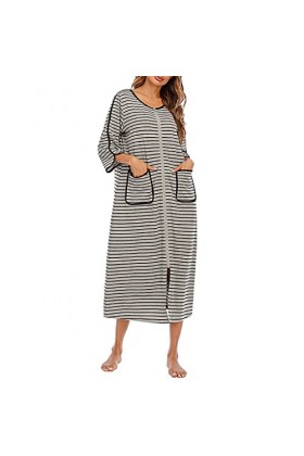 Ailan Robe de nuit pour femmes à manches longues et à double poche zippée Robe respirante Vêtements de nuit, Gris, L