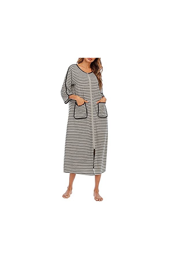Ailan Robe de nuit pour femmes à manches longues et à double poche zippée Robe respirante Vêtements de nuit, Gris, L