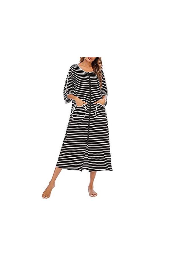 Ailan Robe de nuit pour femmes à manches longues et à double poche zippée Robe respirante Vêtements de nuit, Gris, L