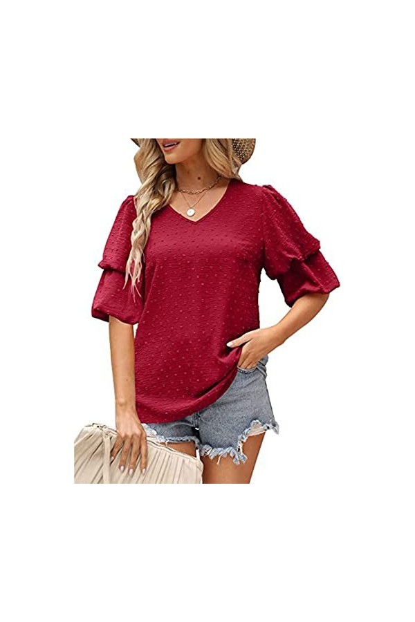 AMONIDA Chemisier à Volants à Manches Courtes, Chemise Décontractée à Col en V à Manches Bouffantes, Confortable pour le Trav