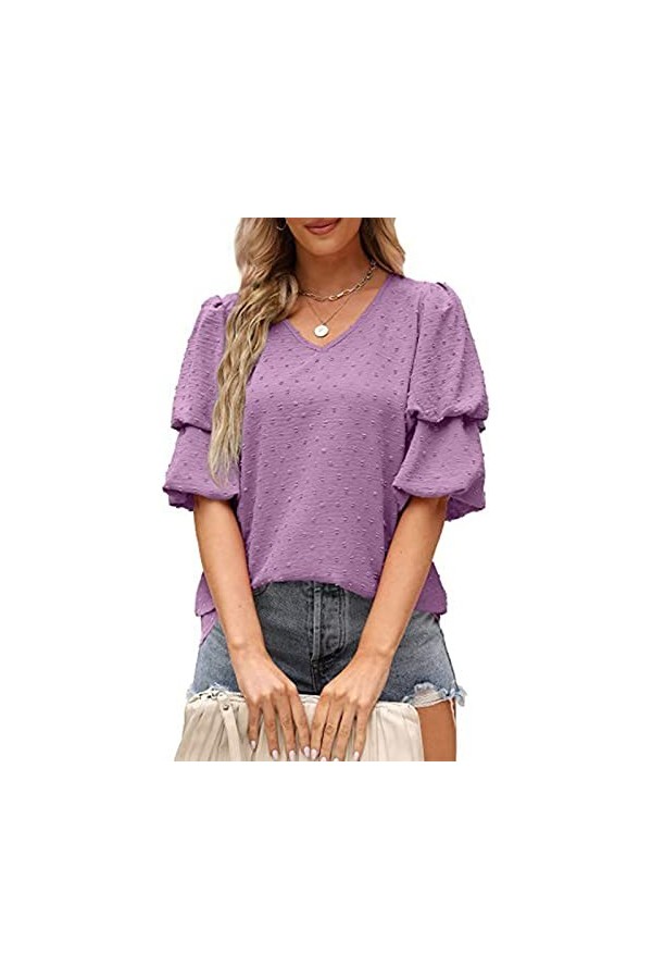 AMONIDA Chemisier à Volants à Manches Courtes, Chemise Décontractée à Col en V à Manches Bouffantes, Confortable pour le Trav