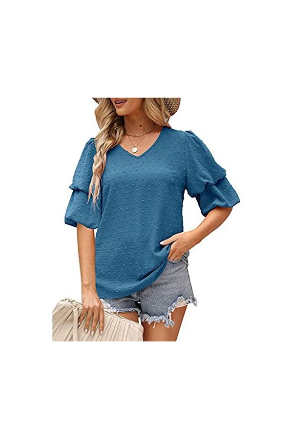 AMONIDA Chemisier à Volants à Manches Courtes, Chemise Décontractée à Col en V à Manches Bouffantes, Confortable pour le Trav
