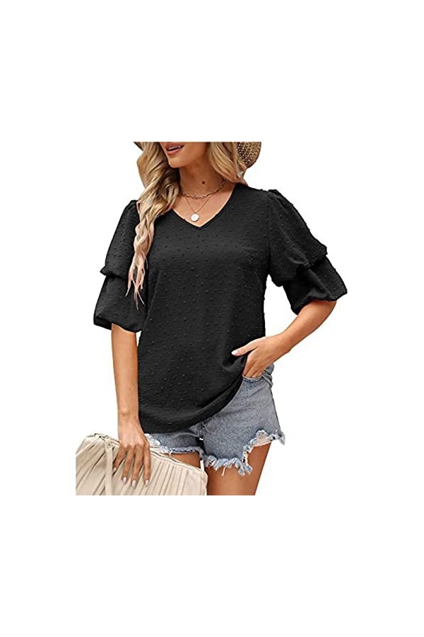 AMONIDA Chemisier à Volants à Manches Courtes, Chemise Décontractée à Col en V à Manches Bouffantes, Confortable pour le Trav