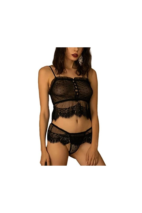 JINZIJINYU Lingerie Sexy Femme Coquine Hot Cils Dentelle Split Costume Sous Vêtements Court Style Pyjama Doux Noir Xxxl