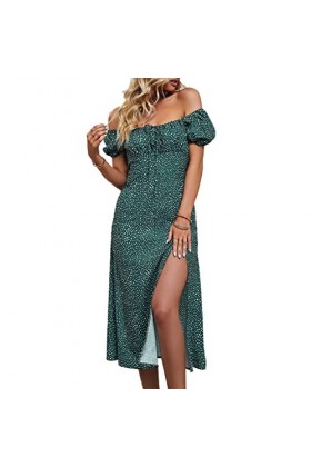 Robe à Fleurs, Col carré à la Mode, Ourlet Fendu, épaules Dénudées, Tenue Décontractée Confortable pour Le Bureau S 