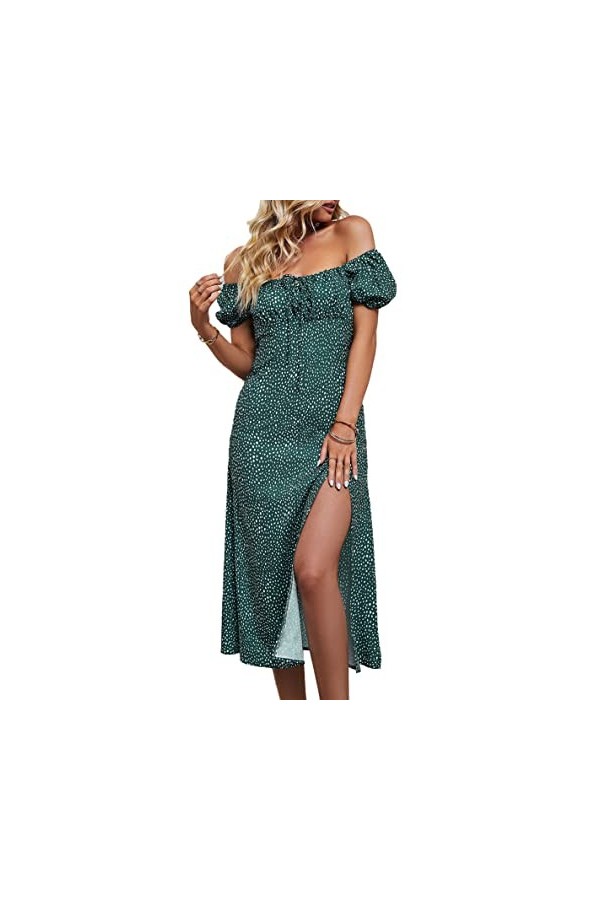 Robe à Fleurs, Col carré à la Mode, Ourlet Fendu, épaules Dénudées, Tenue Décontractée Confortable pour Le Bureau S 