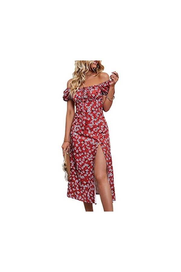 Robe à Fleurs, Col carré à la Mode, Ourlet Fendu, épaules Dénudées, Tenue Décontractée Confortable pour Le Bureau S 