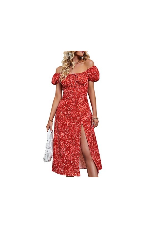 Robe à Fleurs, Col carré à la Mode, Ourlet Fendu, épaules Dénudées, Tenue Décontractée Confortable pour Le Bureau S 