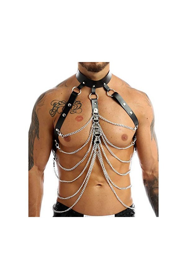 Mengsiy Hommes Réglable Noir O-Ring Chaînes Halter Corps Sexy Poitrine Ceintures Punk Gothique Rave Gay Costume Color : D 