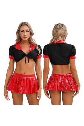 SHANHE Uniforme décolière pour Femmes Tenue de Jeu de Rôle à Lacets Crop Top en Cuir Verni Jupe Plissée Étudiante École Fill
