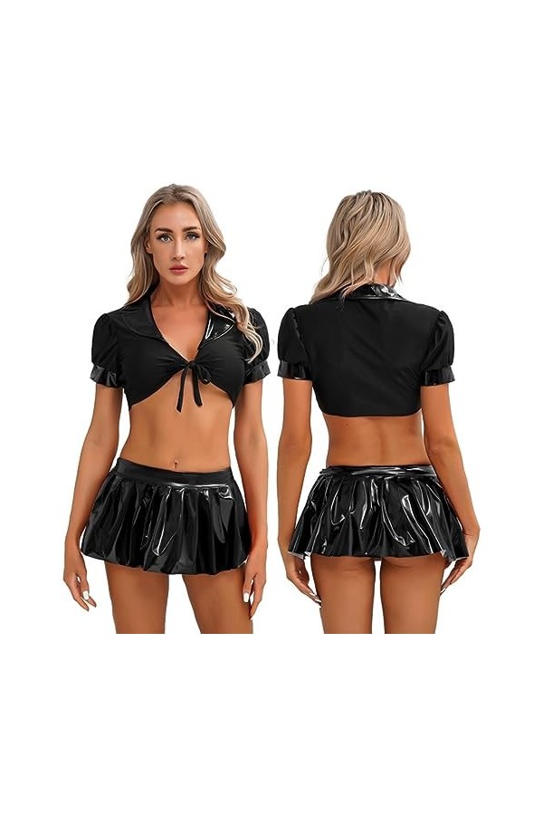 SHANHE Uniforme décolière pour Femmes Tenue de Jeu de Rôle à Lacets Crop Top en Cuir Verni Jupe Plissée Étudiante École Fill