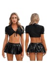 SHANHE Uniforme décolière pour Femmes Tenue de Jeu de Rôle à Lacets Crop Top en Cuir Verni Jupe Plissée Étudiante École Fill
