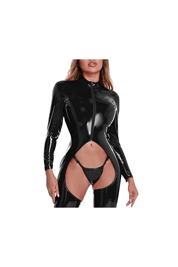 COOKOE Justaucorps en cuir verni latex effet mouillé à col montant et manches longues avec fermeture éclair