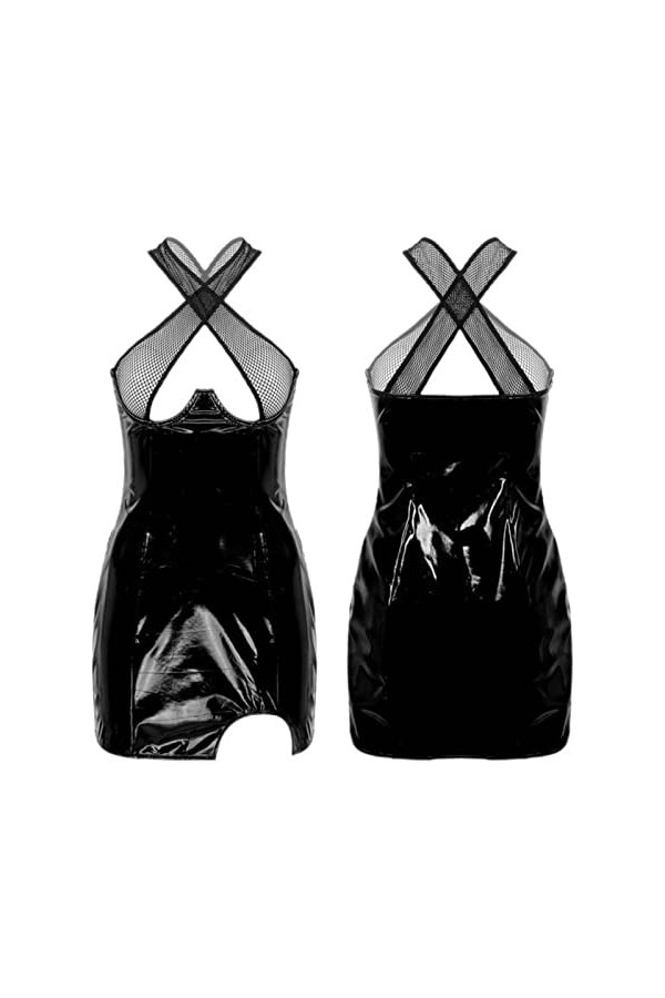 CHOUBAGUAI Robe en cuir verni pour femme - Dos ouvert - Sans manches - Croisé - Coutures en résille - Fente latérale - Noir -