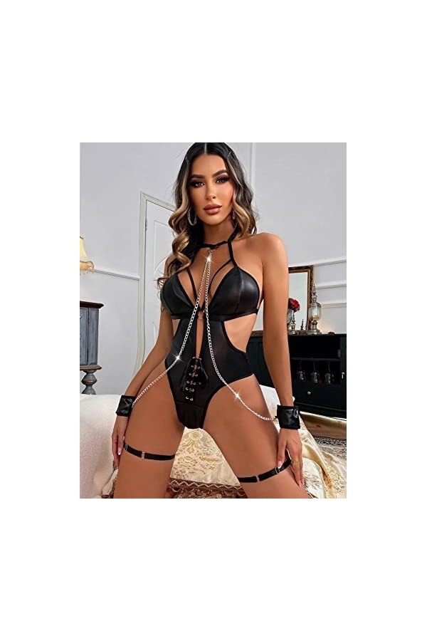 BOMEETSIA Lingerie Sexy pour Dames, sous-vêtement Une Pièce en Cuir Verni Sexy, Costume Uniforme avec Bracelet,Noir,M