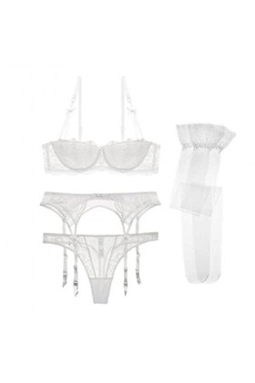 WEITING Ensemble de lingerie sexy 4 pièces en dentelle pour femme - Sous-vêtements fins brodés - Soutien-gorge + string + cei