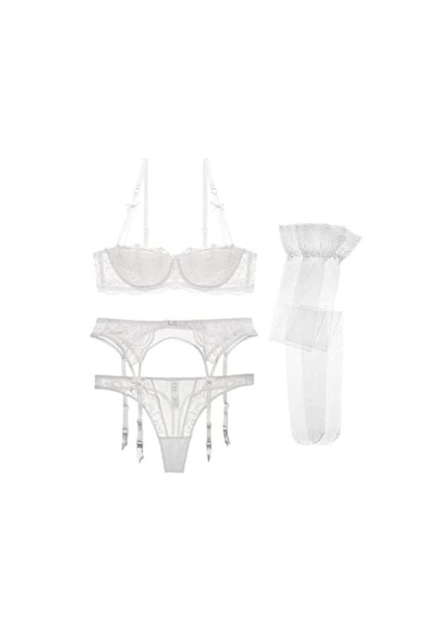 WEITING Ensemble de lingerie sexy 4 pièces en dentelle pour femme - Sous-vêtements fins brodés - Soutien-gorge + string + cei