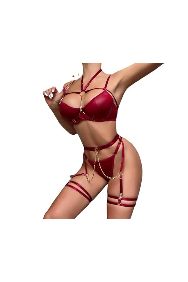 NoëlSexy chaîne Licou Taille Seal Heavy Craft Lingerie érotique Trois pièces, Rouge, M