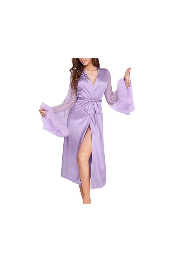 Airshi Robe à Manches en Maille, Robe en Satin Douce et élégante avec Garniture en Plumes, Vêtements de Nuit élégants pour la