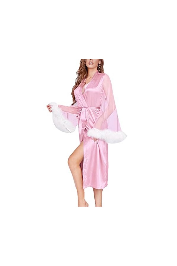 Airshi Robe à Manches en Maille, Robe en Satin Douce et élégante avec Garniture en Plumes, Vêtements de Nuit élégants pour la