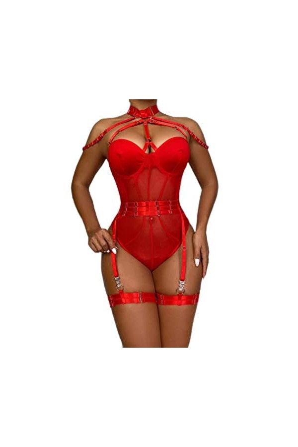 CABULE Fantaisie Lingerie Body Femmes avec Jarretières Sexy Bateau Corps One-Pieces Teddy Halter Ouvert Croch Babydoll-Néon V