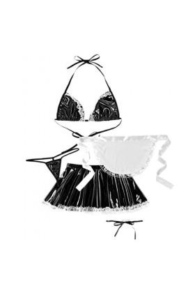 CHOUBAGUAI Costume de soubrette sexy pour femme - Costume de déguisement dHalloween - Haut + jupe string avec tablier - Noir