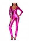 Catsuites métalliques en Argent pour Femmes One Piece, Gold Wet Wetlook Jumps Costume Catsuit métallique Liquide à Manches Lo