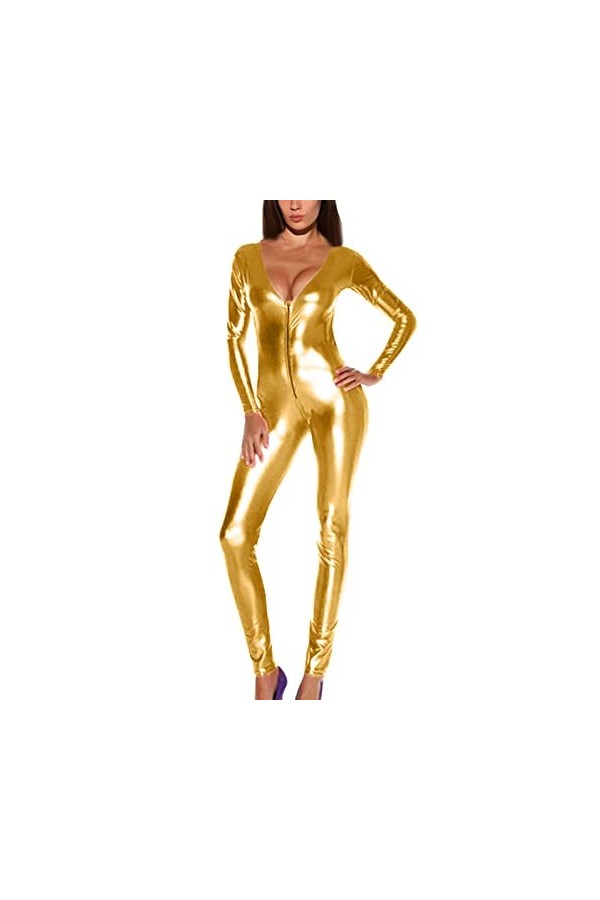 Catsuites métalliques en Argent pour Femmes One Piece, Gold Wet Wetlook Jumps Costume Catsuit métallique Liquide à Manches Lo