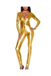 Catsuites métalliques en Argent pour Femmes One Piece, Gold Wet Wetlook Jumps Costume Catsuit métallique Liquide à Manches Lo
