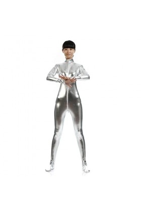 Catsuites métalliques en Argent pour Femmes One Piece Gold Wet Wetlook Jumps Costume Catsuit métallique Liquide à Manches Lon