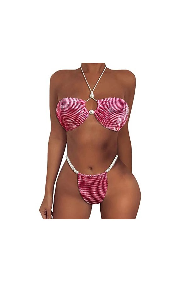 Générique Lingerie Cuir Caractéristiques de lensemble Bikini Deux pièces Sexy pour Femme Lingerie Sexy Combinaison Hot Pink