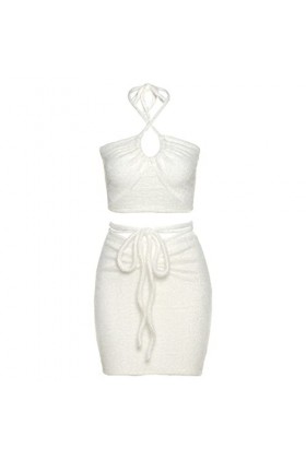 Heallege Femmes 2 Pièces Tenues Halter Crop Top Bandage Mini Jupe Fuzzy Plush Clubwear - L