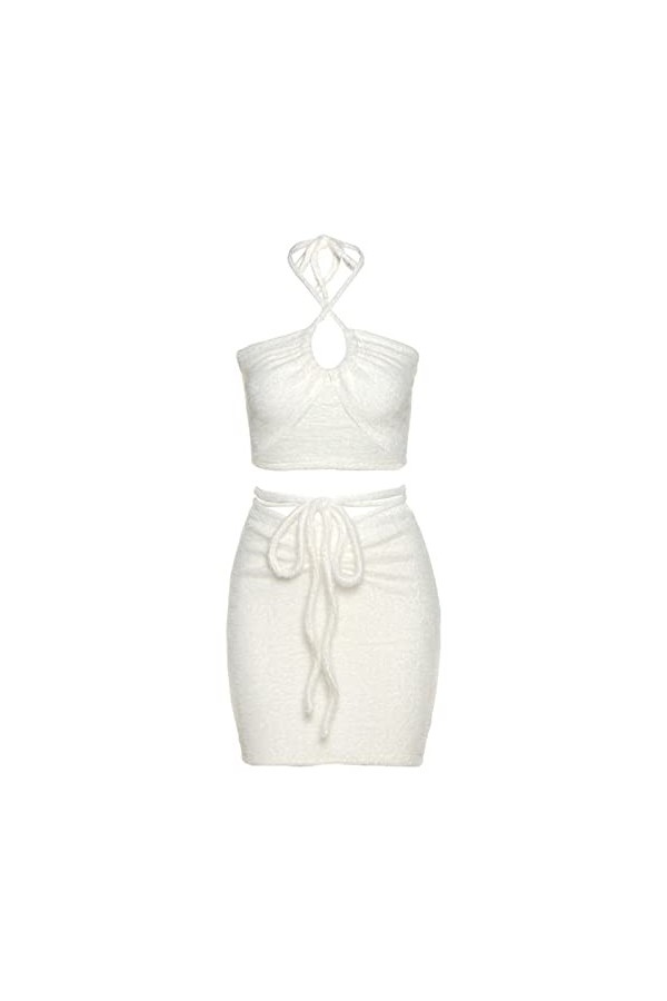 Heallege Femmes 2 Pièces Tenues Halter Crop Top Bandage Mini Jupe Fuzzy Plush Clubwear - L