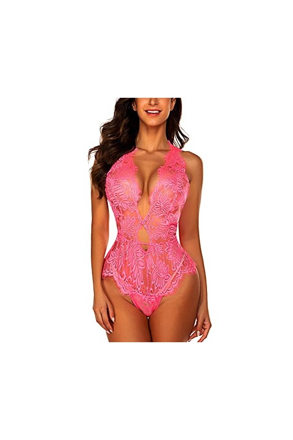 Avidlove Combinaison en dentelle pour femme - En V profond - Mini babydoll, vert foncé, S